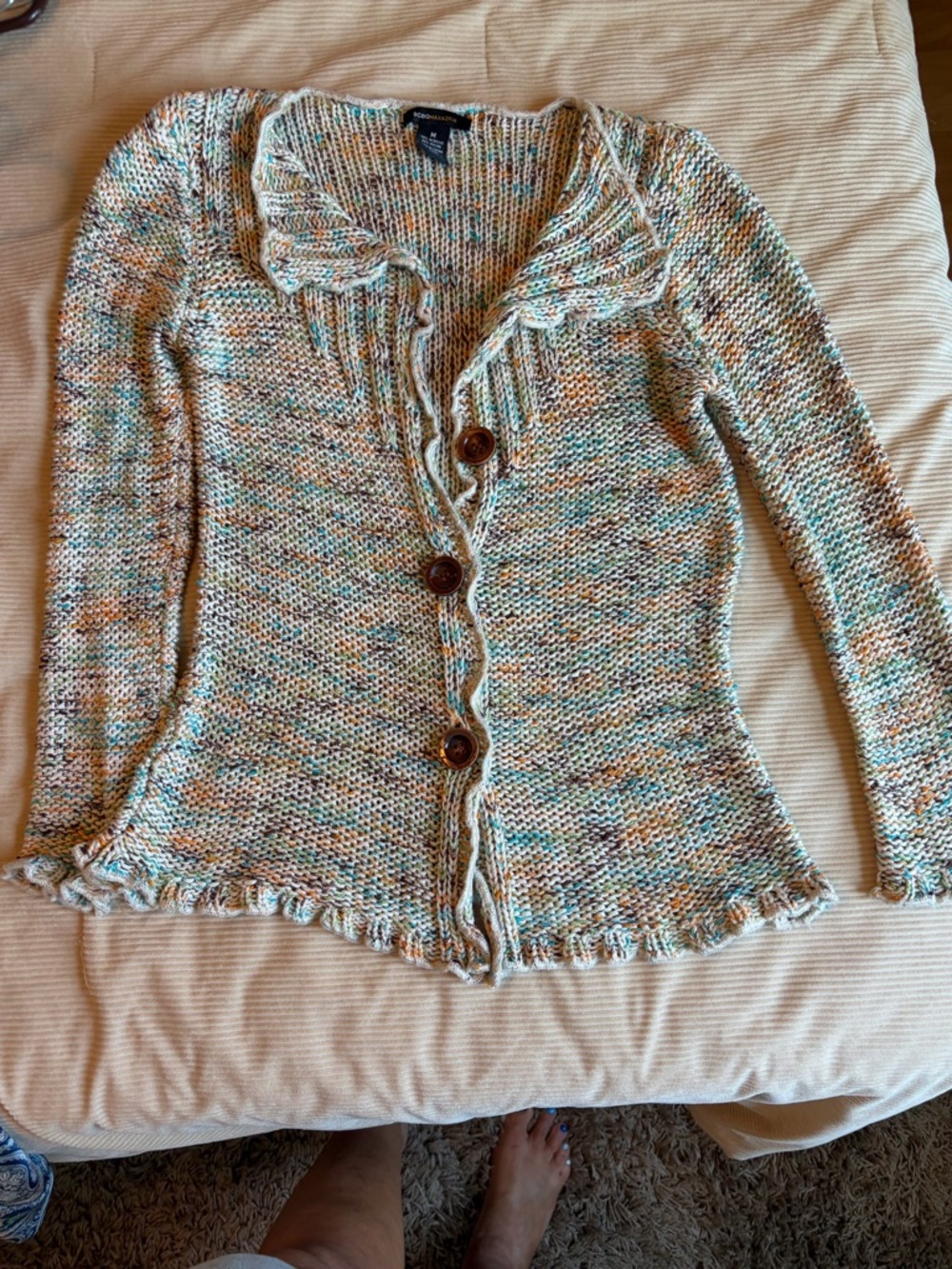BCBGMaxAzria Cream Multicolor Ruffled-Edge Knit Cardigan